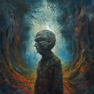 The surreal AI imagery depicts a dreamlike state where a consciousness is trapped by itself in its own dreamlike state. The seer tries to escape and see beyond the reality of its own making but won't,