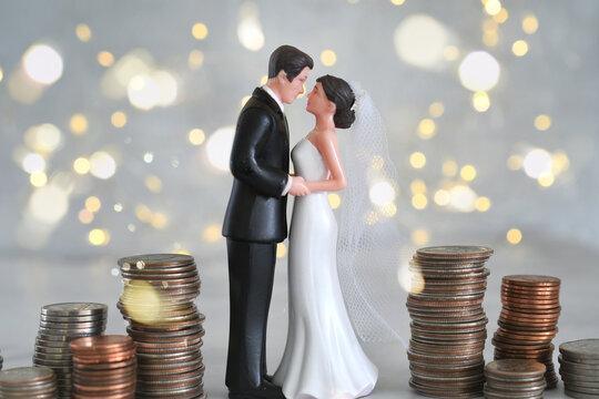 Wedding expenses concept - bride and groom with stacks of coin money - Powered by Adobe
