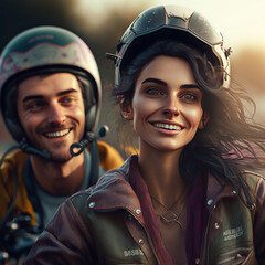 Motorbike trip at sunset. Young couple riding a motorbike in summer, fictitious people. AI generated image