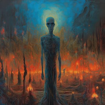 An unearthly entity emerges from the fiery red ground of a hellish landscape under a dark, ominous sky in this surreal and mind-bending digital AI artwork.