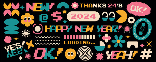 Fototapeta na wymiar Set of 2024 stickers with naive playful abstract shapes and Happy New Year lettering. Clockwork circle, oval rectangle, arched eyes, in trendy 90s pixel retro cartoon style. Vector illustration.