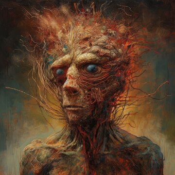This portrait features a scary but harmless fantasy creature, created by AI art. The surreal design is in psychedelic colors, reflecting themes of altered consciousness and alternate realities.
