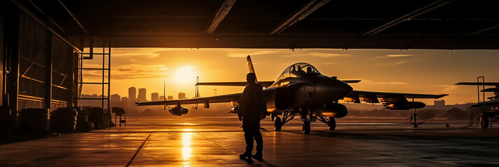 Sunset backlit view of military fighter jet pilot beside parked military airforce plane next to barracks or hangar as wide banner with copyspace area for world war conflicts. AI generative