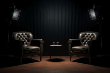 Two chairs and spotlights in podcast or interview room on dark background. AI generative