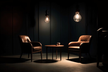 Two chairs and spotlights in podcast or interview room on dark background. AI generative