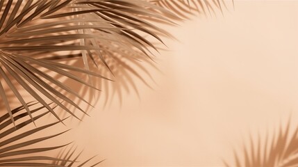 Obraz premium Beautiful abstract banner with green palm leaves shadow beige on white background. Natural leaf concept. Green natural background. Palm tree leaf texture. Summer concept. Abstract floral pattern.