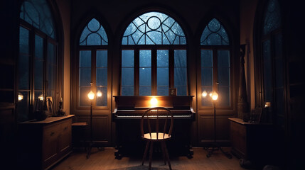 A piano in a dark room with windows. AI generative. Dark academia style, victorian style mansion interior design with wooden stairs. - obrazy, fototapety, plakaty