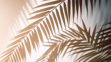 Beautiful abstract banner with green palm leaves shadow beige on white background. Natural leaf concept. Green natural background. Palm tree leaf texture. Summer concept. Abstract floral pattern.