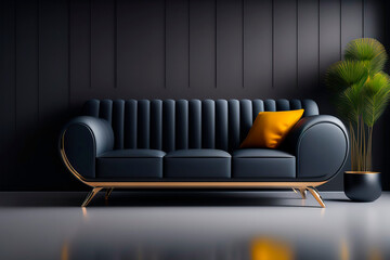 A modern living room with a black sofa and wall. Interior design in 3d style with copy space. Generative AI.