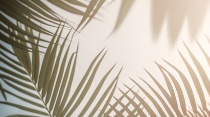 Obraz premium Beautiful abstract banner with green palm leaves shadow beige on white background. Natural leaf concept. Green natural background. Palm tree leaf texture. Summer concept. Abstract floral pattern.
