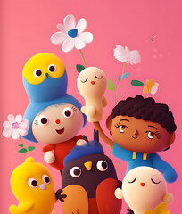 Obraz premium Kids day composition with cartoon characters and flowers. Kids day post card. Generative AI