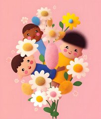 Kids day composition with cartoon characters and flowers. Kids day post card. Generative AI
