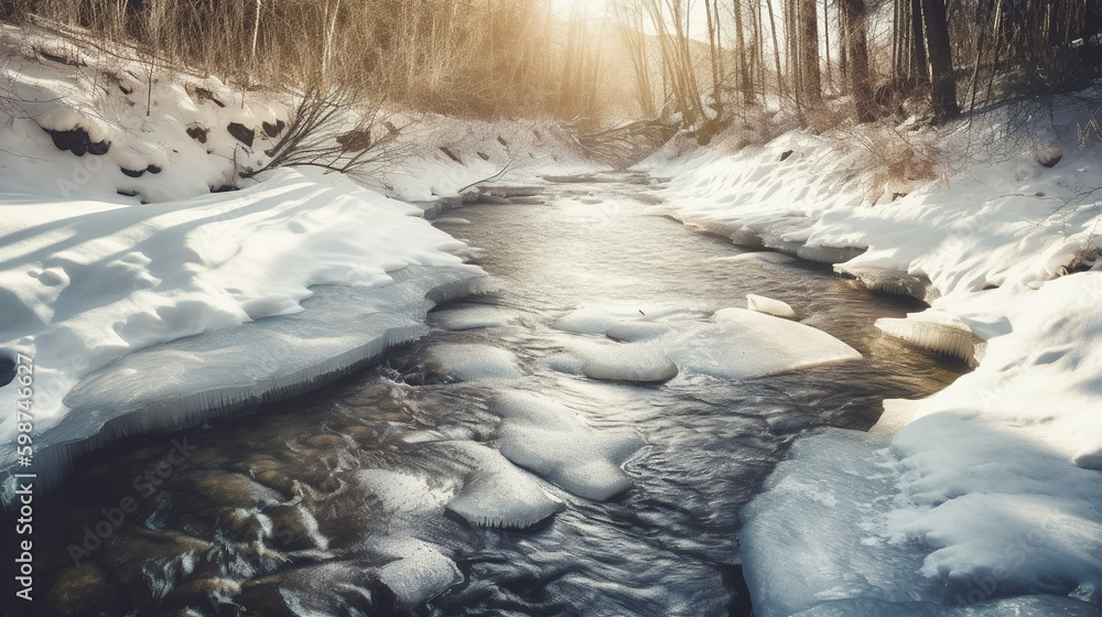 Poster a stream running through a snow covered forest. ai generative.