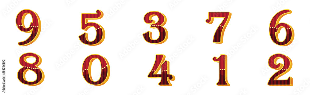 Poster numbers and numerals in circus style with volume funfair type symbol vector set