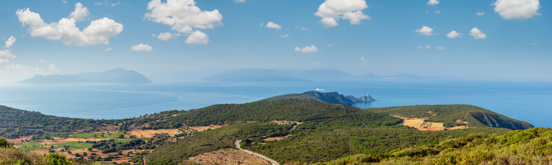 South cape of Lefkas island and lighthouse panorama (Lefkada, Greece, Ionian Sea). View from up.