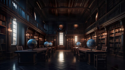 Fototapeta na wymiar A room filled with lots of books and globes. AI generative. Dark academia style, victorian style mansion interior design with wooden stairs.