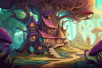 Obraz na płótnie Canvas cartoon illustration, wizard house in the fairy forest, ai generative