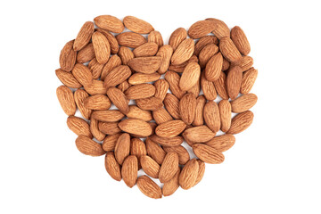 Almond heart on a white background. I love almonds. Healthy snack with nuts.