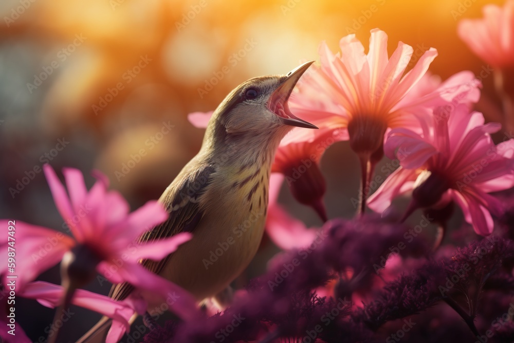 Aufkleber a delicate bird perched on a cluster of pink flowers. generative ai generative ai