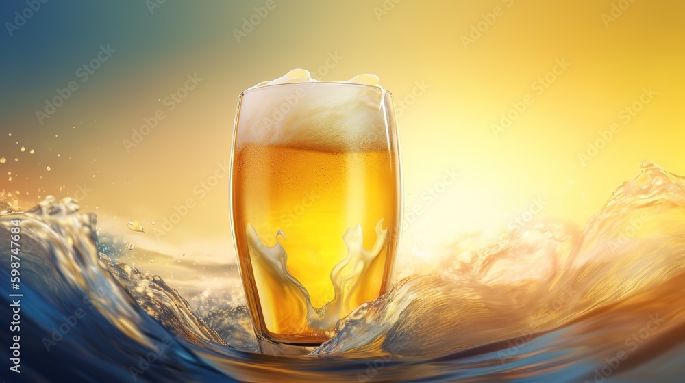 Poster image of a wave with a pint-sized glass of beer resting atop it generative ai generative ai