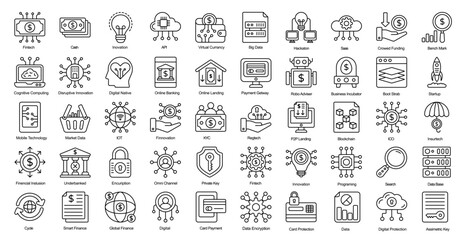 Fintech Thin Line Icons Finance Technology API Outline Icons in Black