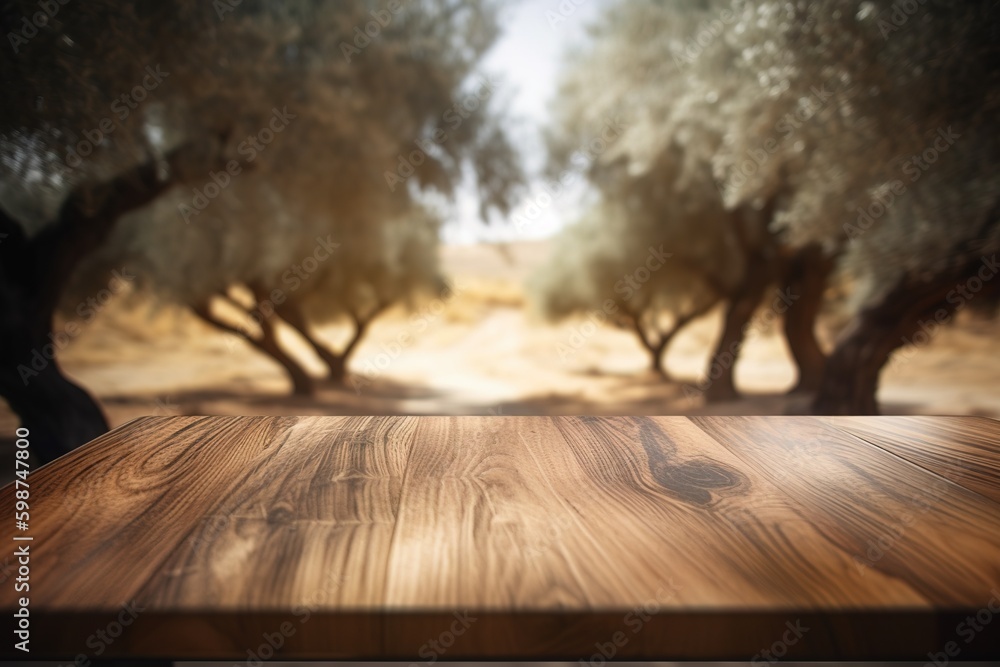 Poster a table made of wood, with an olive grove visible in the distance. generative ai generative ai