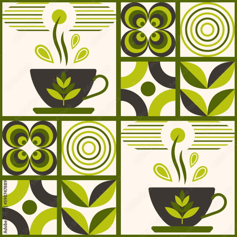Aufkleber tea themed pattern with icons, design elements in simple geometric style. seamless background with a