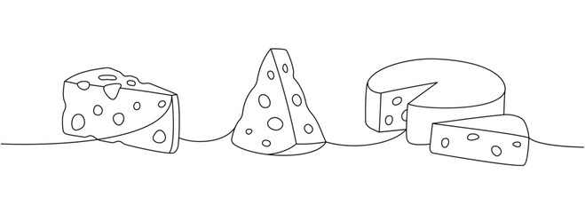Set of cheese products one line continuous drawing. Different types of cheese continuous one line illustration. Vector minimalist linear illustration.