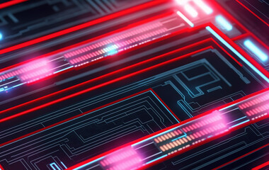 Digital Technology background made of circuitry and red neon lights. Generative AI