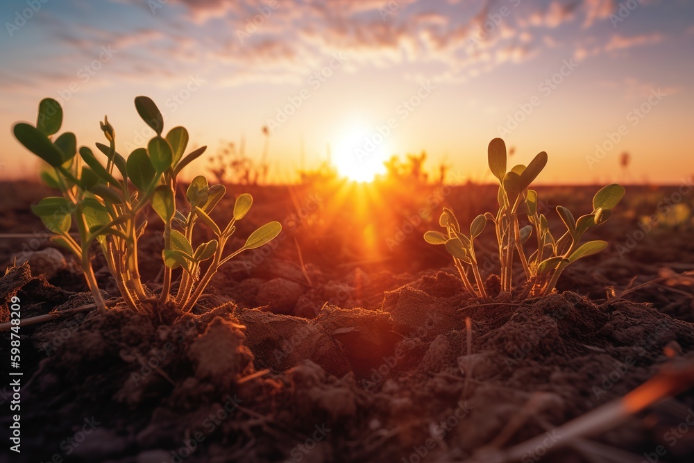 Poster the sun is beginning to set over a swath of vegetation. generative ai generative ai