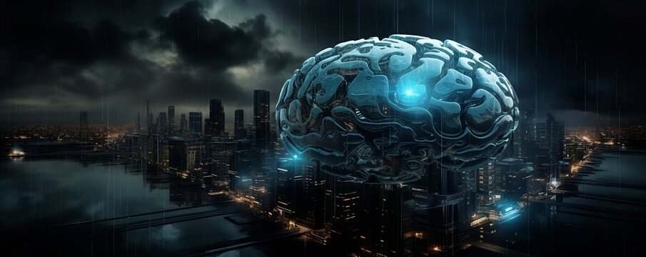 A futuristic city frozen blue metallic Skynet brain photo-realistic