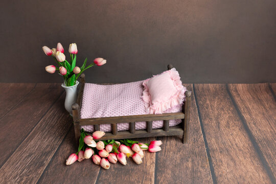 wooden bed decorated with tulips. newborn photography props. furniture for dolls