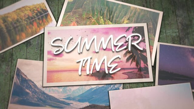 Summer Time with collage photos with summer landscape in different country and time, motion promotion, summer and travel style background