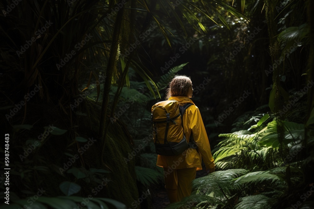 Poster a person with a backpack making their way through the woods generative ai generative ai