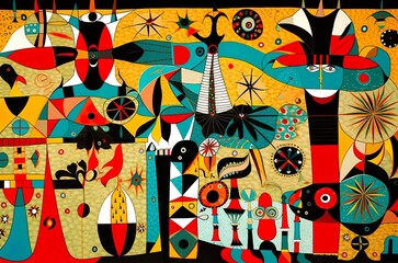 Sea, air and land magic creatures, spirits, abstract surreal painting with geometric shapes and vibrant colors, orange, red and cyan, AI generative