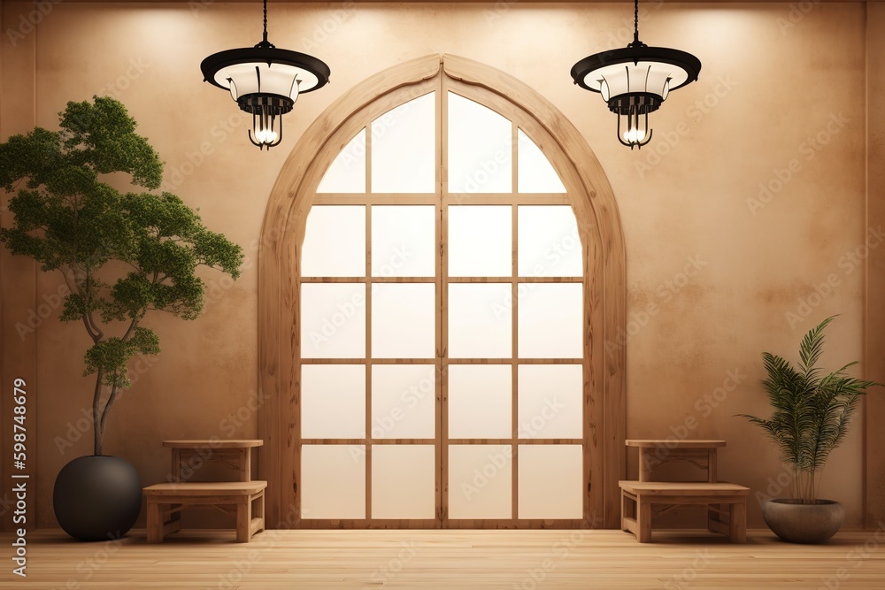 Poster a space characterized by an expansive arched window and two seats. generative ai generative ai