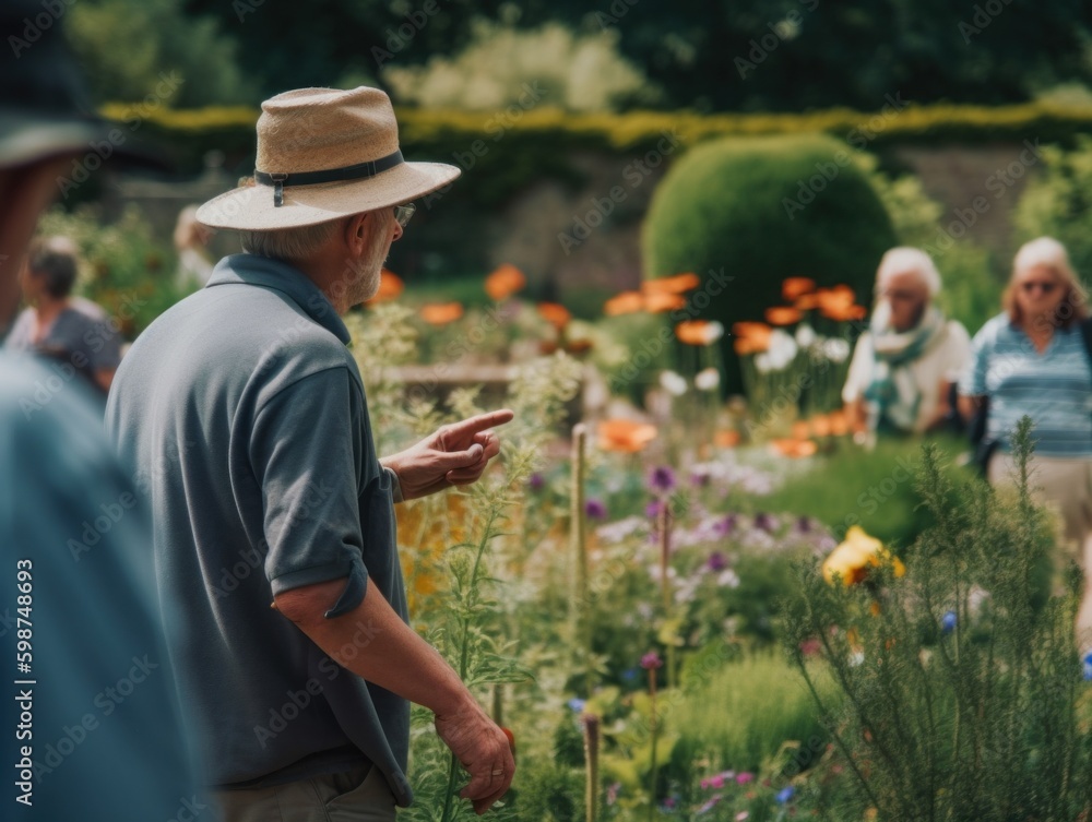 Poster a group of people doing something in a garden. ai generative image.