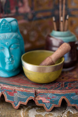 Meditation altar for spiritual healing. Still life photograph. 
