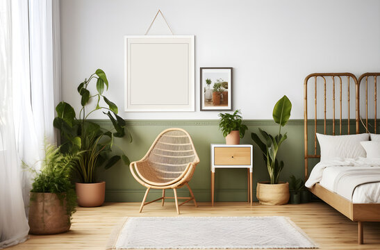 Stylish home interior with mock up frame above the bed. Green plants in interior as design. Interior in olive and beige colors.Generative AI Generative AI