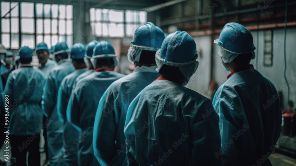 Poster a group of factory workers at productoin line. ai generative image.