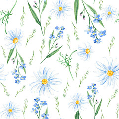 Seamless watercolor pattern with wildflowers, forget-me-not, camomile on white background. Can be used for fabric prints, gift wrapping paper, kitchen textile.