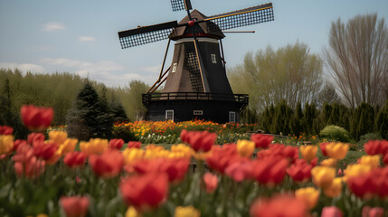 classic windmill in the tulip flower garden ,generative ai