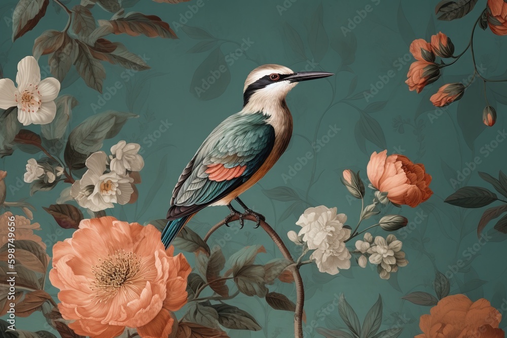 Aufkleber there is a bird perched on a branch with some flowers. generative ai generative ai