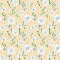 Seamless watercolor pattern with wildflowers, forget-me-not, camomile on beige background. Can be used for fabric prints, gift wrapping paper, kitchen textile.
