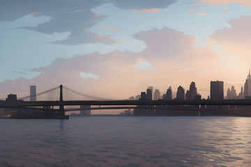Fototapeta na wymiar City bridge and city skyline at sunset Generated Ai