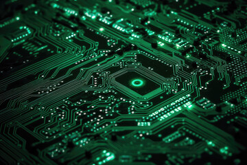 Digital Circuitry Wonders. Dive into the complexity of a close-up shot capturing a green circuit abstract background, symbolizing high-tech marvels. Copy space. Electronics concept AI Generative