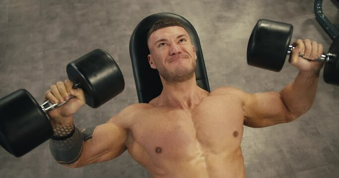 Top view of a Muscular bodybuilder man lifting heavy weights black dumbbells. Gym concept. Healthy lifestyle Generative AI