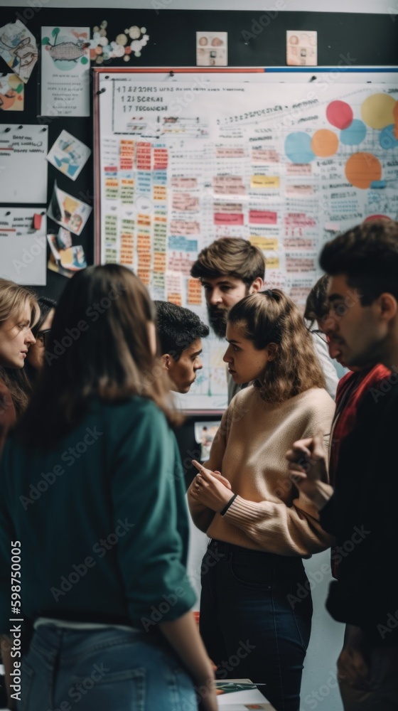 Poster a group of people standing around a table. ai generative image.