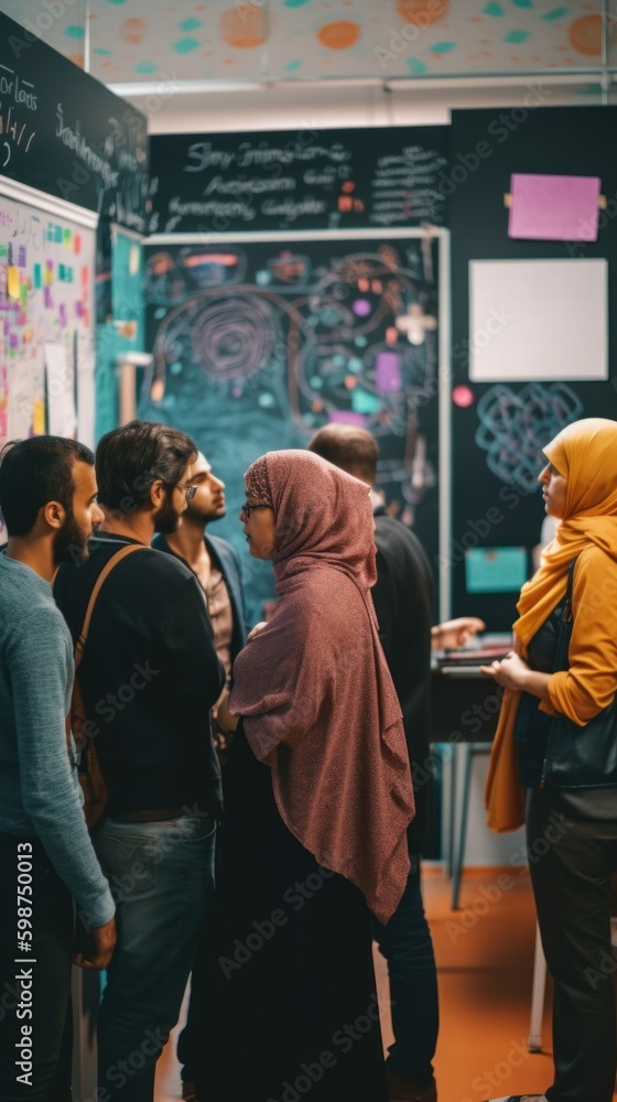 Poster a group of people standing in front of a blackboard. ai generative image.