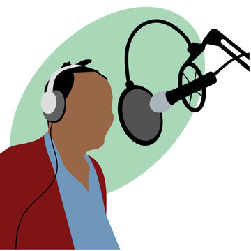 Vector de mujer locutora de radio con auriculares y micr&oacute;fono